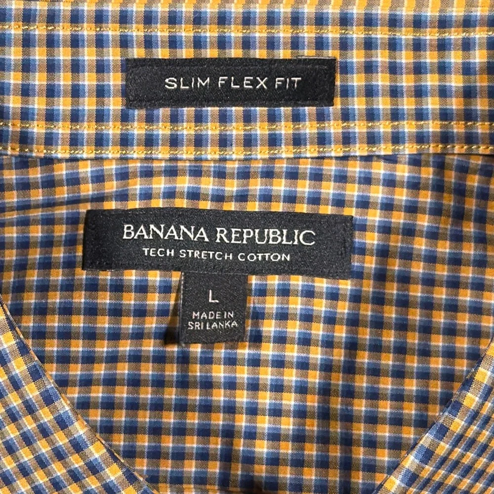 Banana Republic Button Down Shirt Mens L Orange Plaid Slim Flex Tech Stretch